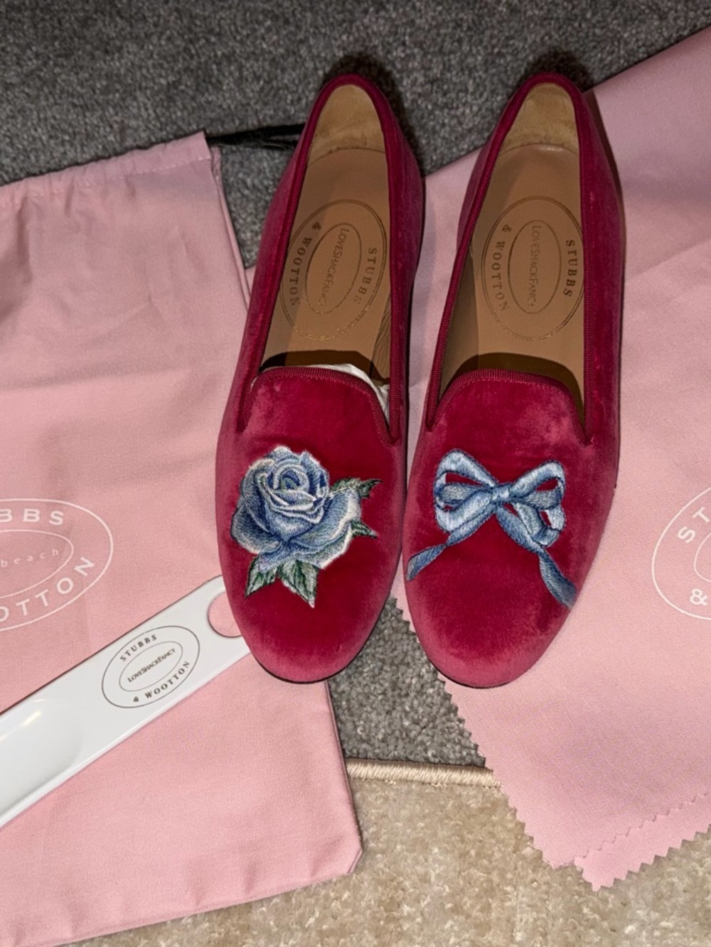 Stubbs & Wootton Love Shack Fancy Velvet Loafers Blue Rose Bow Embroidery